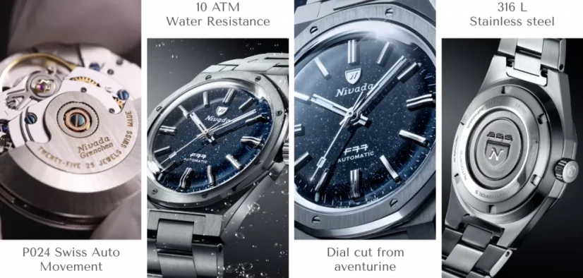 Men's silver Nivada Grenchen watch with steel strap F77 DARK BLUE 68010A77 37MM Automatic