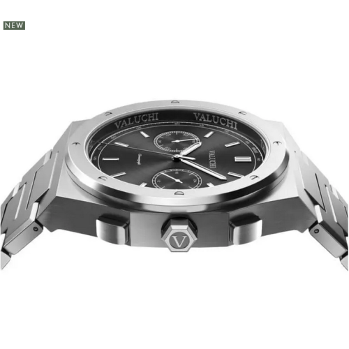Miesten hopeinen Valuchi Watches -kello teräshihnalla Chronograph - Silver Black 40MM