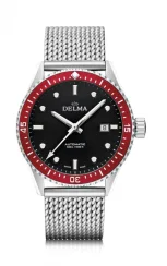 Męski srebrny zegarek Delma Watches ze stalowym paskiem Cayman Silver / Black Red 42MM Automatic