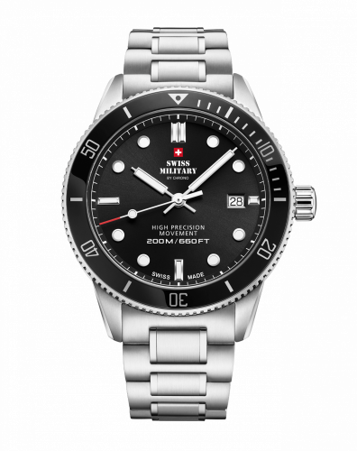 Ασημένιο ρολόι Swiss Military Hanowa για άντρες με ιμάντα από χάλυβα Dive SM34088.01 41,5MM