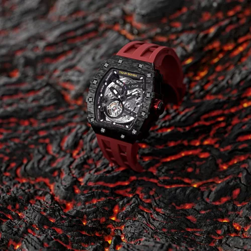Czarny zegarek męski Tsar Bomba Watch z gumką TB8208CF - Passion Red Automatic 43,5MM