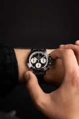 Relógio About Vintage de prata para homem com pulseira de aço Racing Chronograph 1960 Black 40MM