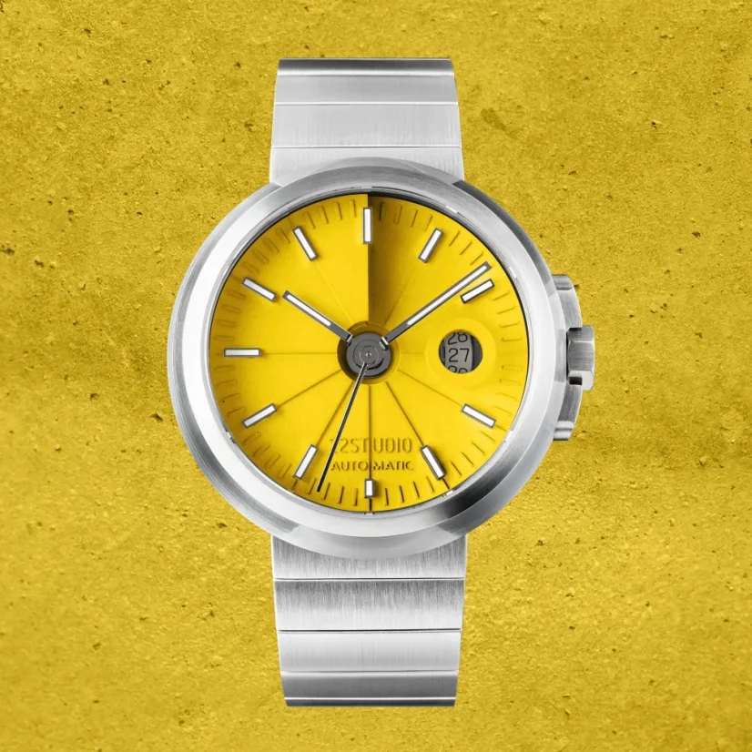 Muški srebrni sat 22Designstudio Watches sa čeličnim remenom Concrete Sport Yellow 45MM Automati