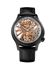 Relógio Cimier pulseira preta com tira de couro para homens Royal Skeleton Black 43MM Automatic