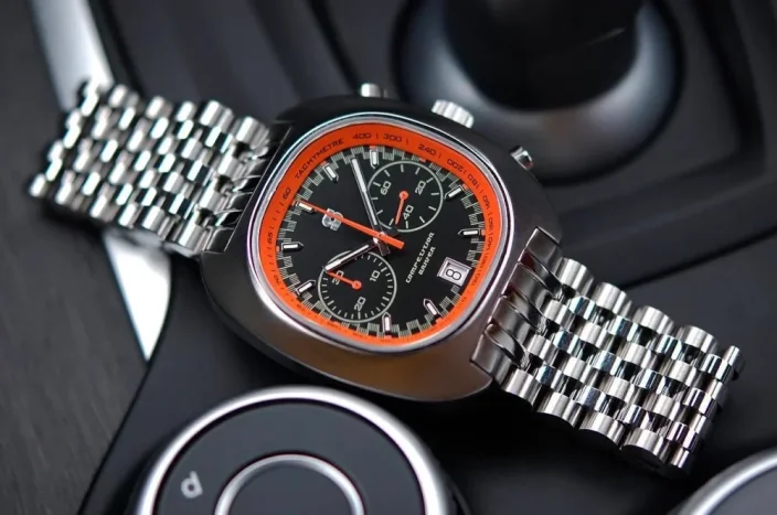 Srebrny zegarek męski Straton Watches z pasem stalowym Comp Driver Black / Orange 42MM