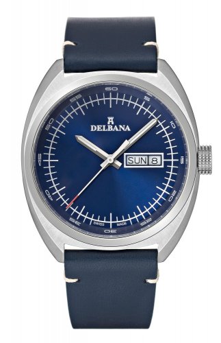 Męski srebrny zegarek Delbana Watches ze skórzanym paskiem Locarno Silver / Blue 41,5MM