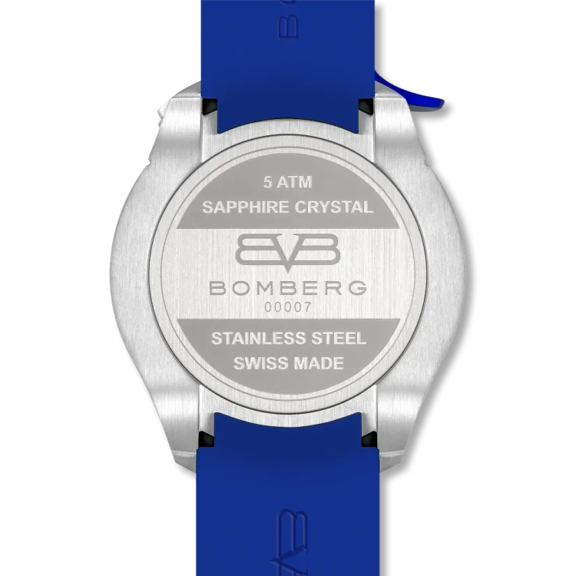 Silberne Herrenuhr Bomberg Watches mit Gummiband RACING 4.1 Blue 45MM