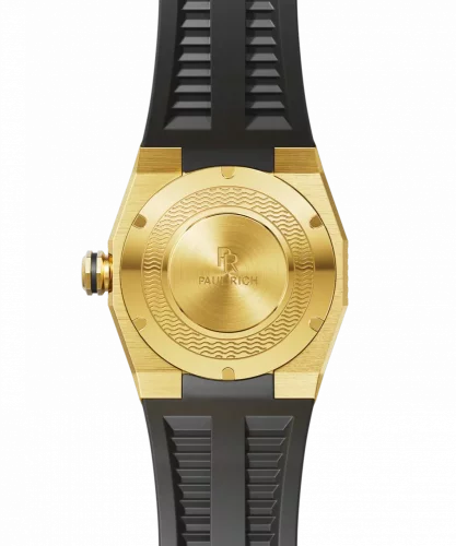 Zlaté pánské hodinky Paul Rich s gumovým páskem Aquacarbon Pro Imperial Gold - Sunray 43MM