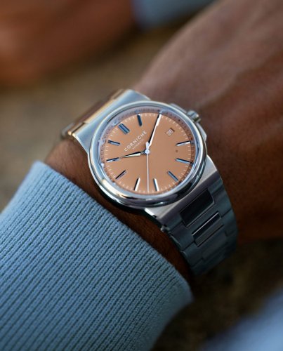 Srebrny zegarek męski Corniche z pasem stalowym La Grande with Salmon dial 39MM