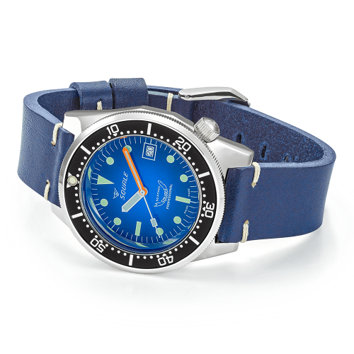 Reloj Squale plata para hombre con correa de cuero 1521 Blue Ray Leather - Silver 42MM Automatic