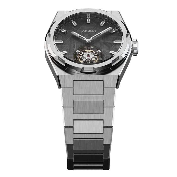 Silberne Herrenuhr Aisiondesign Watches mit Stahlband Tourbillon - Meteorite Dial Gunmetal 41MM