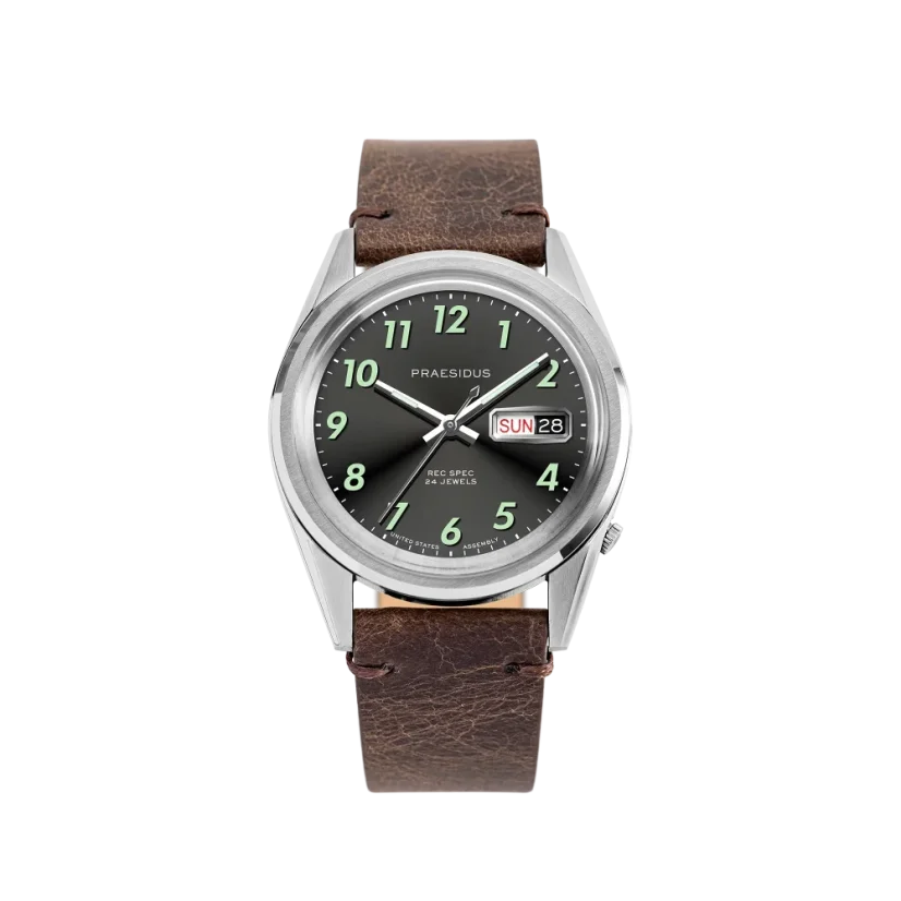 Men's silver Praesidus watch with leather strap Rec Spec - OG Sunray Brown Leather 38MM Automatic