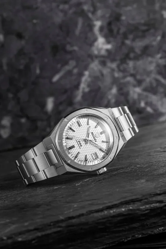 Men's silver Nivada Grenchen watch with steel strap 77 SST WHITE MK2 69014A77 With Date 38MM Automatic