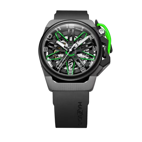 Czarny męski zegarek Mazzucato z gumowym paskiem RIM Gt Black / Green - 42MM Automatic