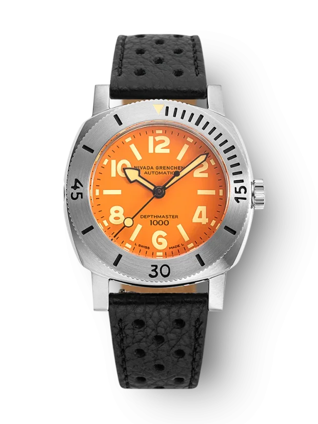 Men's silver Nivada Grenchen watch with leather strap Orange Depthmaster 14127A10 39MM Automatic