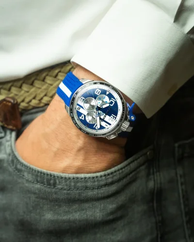Zilveren herenhorloge van Bomberg Watches met een rubberen band RACING 4.1 Blue 45MM