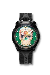 Čierne pánske hodinky Bomberg Watches s gumovým pásikom SUGAR SKULL GREEN 45MM