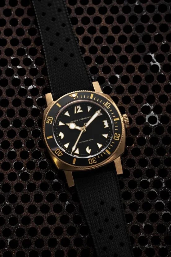 Men's gold Nivada Grenchen watch with leather strap Depthmaster Bronze 14123A16 Black Leather 39MM Automatic