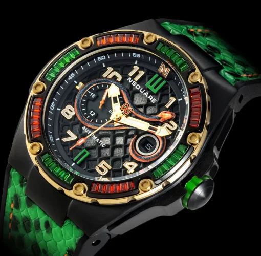 Černé pánské hodinky Nsquare s koženým páskem SnakeQueen Green / Black 46MM Automatic