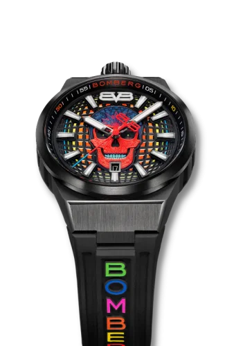 Schwarze Herrenuhr Bomberg Watches mit Gummiband METROPOLIS MEXICO CITY 43MM Automatic
