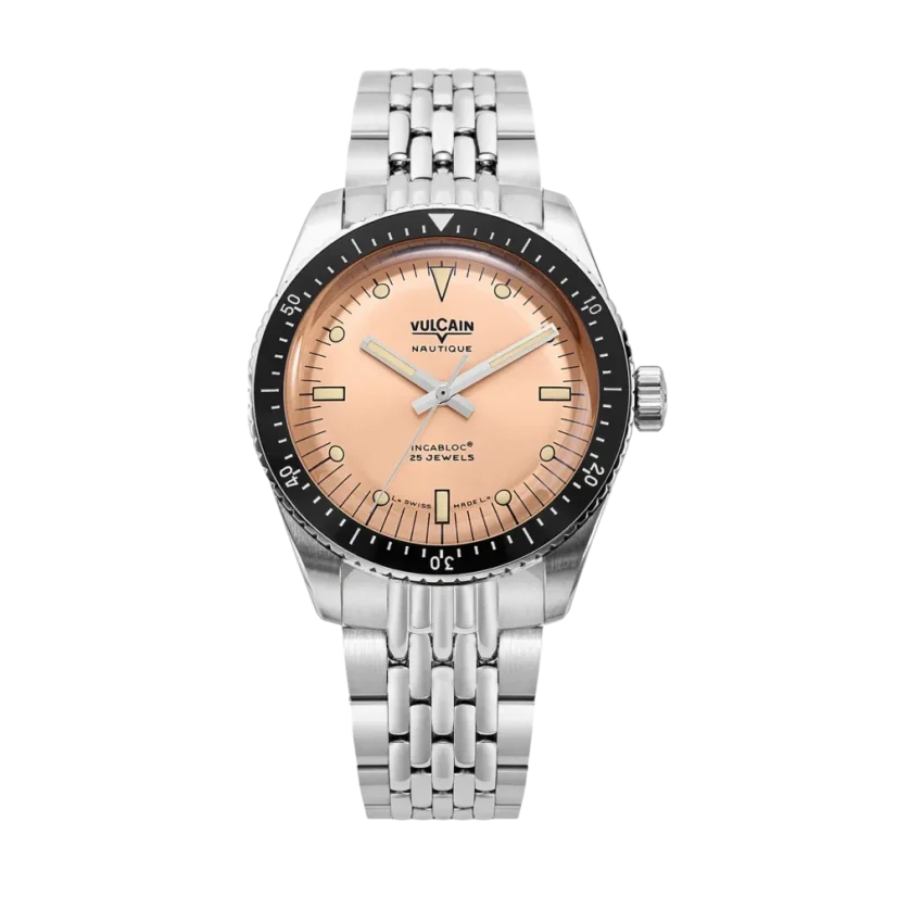 Silberne Herrenuhr Vulcain mit Stahlband Skindiver Nautique - Salmon Beige Luminova - Beads of Rice 44,5MM Automatic