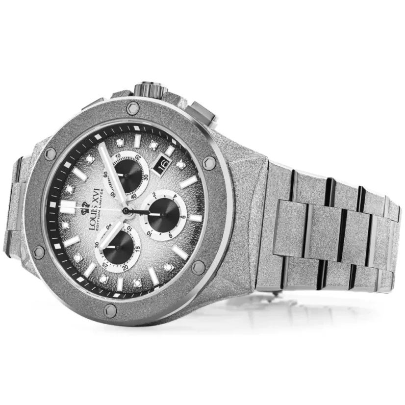 Montre Louis XVI pour homme en argent avec bracelet en acier Frosted Le Monarque 1212 - Silver 42MM