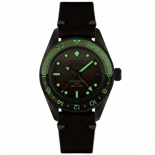 Męski srebrny zegarek Out Of Order Watches ze skórzanym paskiem Irish Coffee GMT 40MM Automatic