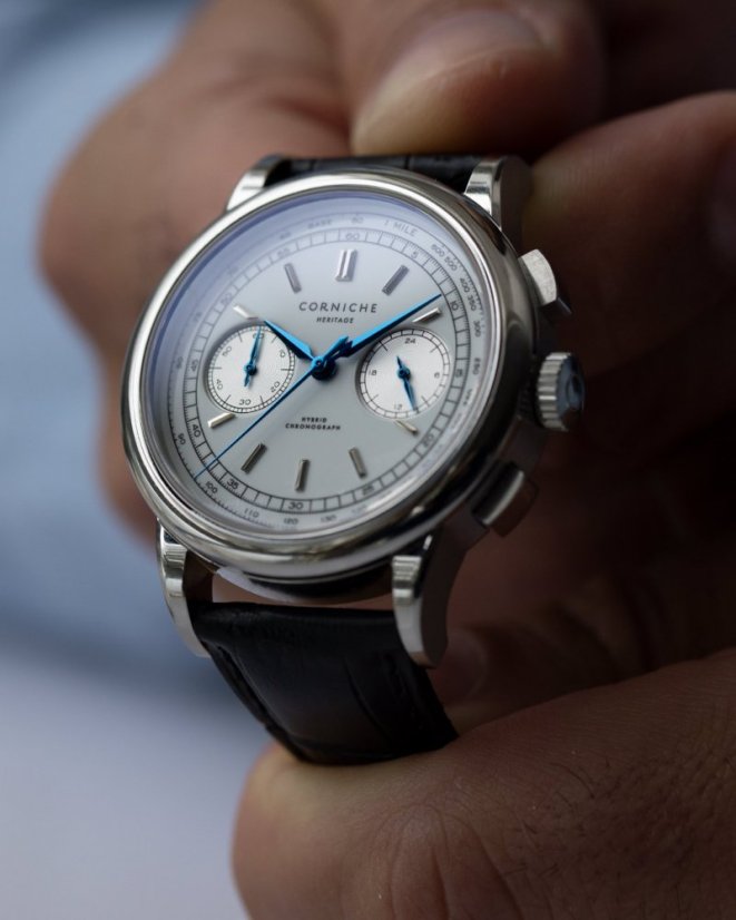 Men's silver Corniche watch with leather strap Chronograph Steel with White dial 39MM