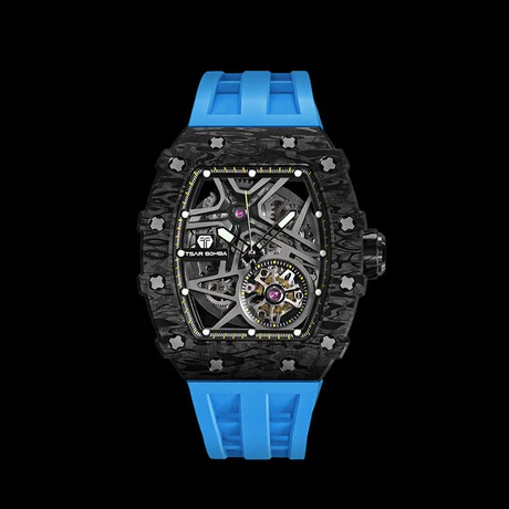 Czarny zegarek męski Tsar Bomba Watch z gumką TB8209CF - Black / Blue Automatic 43,5MM
