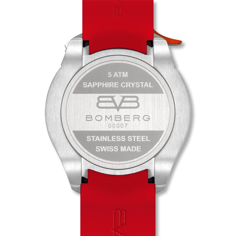 Silberne Herrenuhr Bomberg Watches mit Gummiband RACING 4.3 Red 45MM