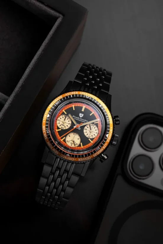 Orologio da uomo Nivada Grenchen nero con cinturino in acciaio Chronoking Mecaquartz Steel Black 87041Q04 38MM