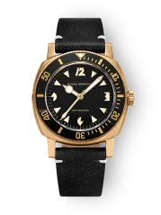 Zlaté pánské hodinky Nivada Grenchen s koženým páskem Pacman Depthmaster Bronze 14123A16 Black Leather 39MM Automatic