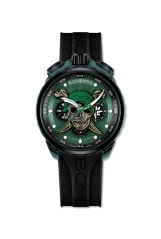 Černé pánské hodinky Bomberg s gumovým páskem PIRATE SKULL GREEN 45MM