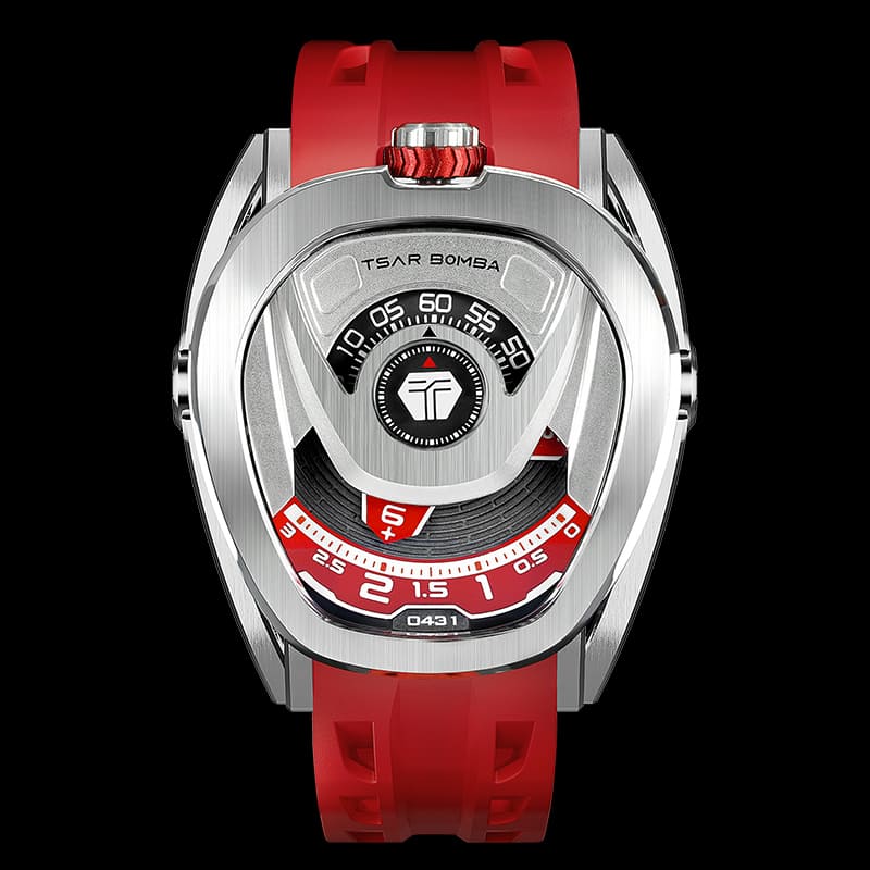 Men's silver Tsar Bomba Watch with a rubber band TB8213 - Silver / Red Automatic 44MM