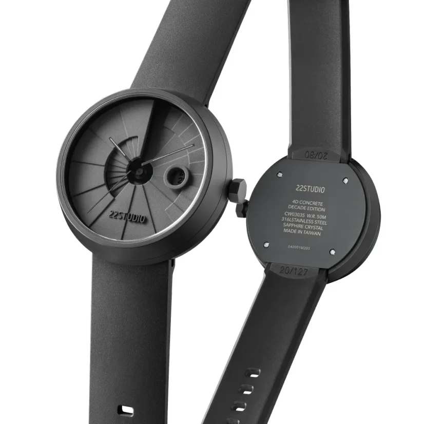 Montre 22Designstudio Watches pour hommes en noir avec élastique 4D Concrete Shadow 44MM