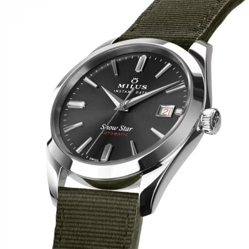 Srebrny zegarek męski Milus Watches ze skórzanym paskiem Snow Star Night Black 39MM Automatic