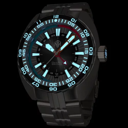 Męski srebrny zegarek NTH Watches ze stalowym paskiem DevilRay With Date - Silver / Black Automatic 43MM