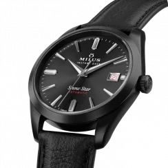 Čierne pánske hodinky Milus Watches s koženým pásikom Snow Star Dark Matter 39MM Automatic