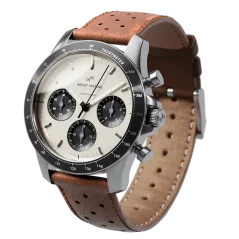 Men's silver About Vintage watch with genuine leather belt 1960 Racing Chronograph Steel / White 40 MM