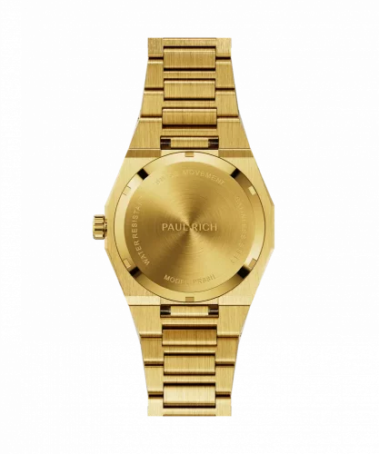 Zlaté pánské hodinky Paul Rich s ocelovým páskem Frosted Star Dust II - Gold / Red 43MM