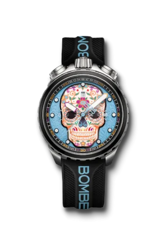 Zwart herenhorloge van Bomberg Watches met een rubberen band SUGAR SKULL BLUE 45MM
