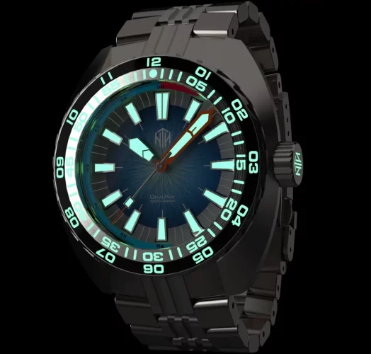 Męski srebrny zegarek NTH Watches ze stalowym paskiem DevilRay No Date - Silver / Blue Automatic 43MM