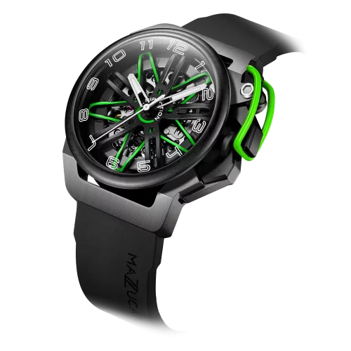 Czarny męski zegarek Mazzucato z gumowym paskiem RIM Gt Black / Green - 42MM Automatic