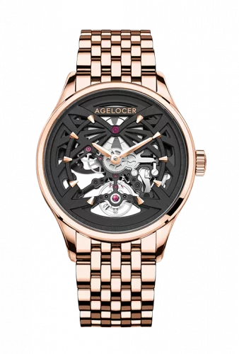Zlaté pánské hodinky Agelocer s ocelovým páskem Schwarzwald II Series Gold / Black 41MM Automatic