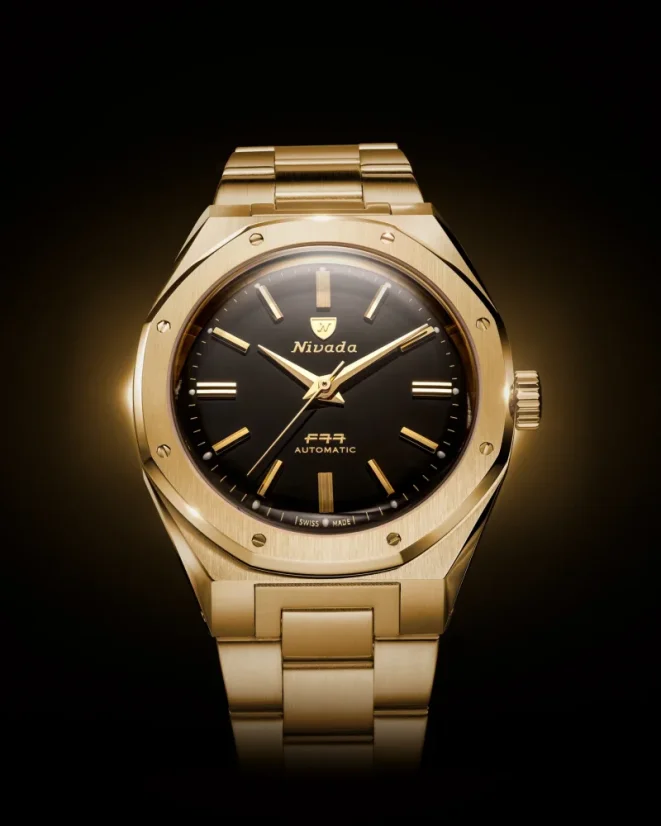 Zlaté pánske hodinky Nivada Grenchen s ocelovým opaskom F77 MARK II GOLD 68028A77 38MM Automatic