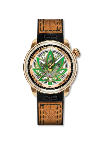 Złoty męski zegarek Bomberg Watches ze skórzanym paskiem CBD GOLDEN 43MM Automatic