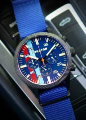 Zwart herenhorloge van Straton Watches met textielband Vintage Driver Chrono D Blue 44MM