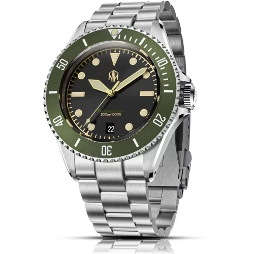Montre NTH Watches pour homme en argent avec bracelet en acier Barracuda Vintage Legends Series No Date - Green Automatic 40MM