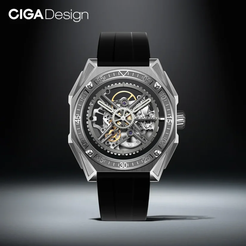 Herrenuhr aus Silber CIGA Design mit Gummiband Series M Magician TITANUM 46MM Automatic