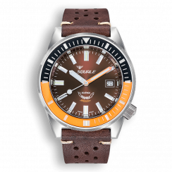 Stříbrné pánské hodinky Squale s gumovým páskem Matic Chocolate Leather - Silver 44MM Automatic